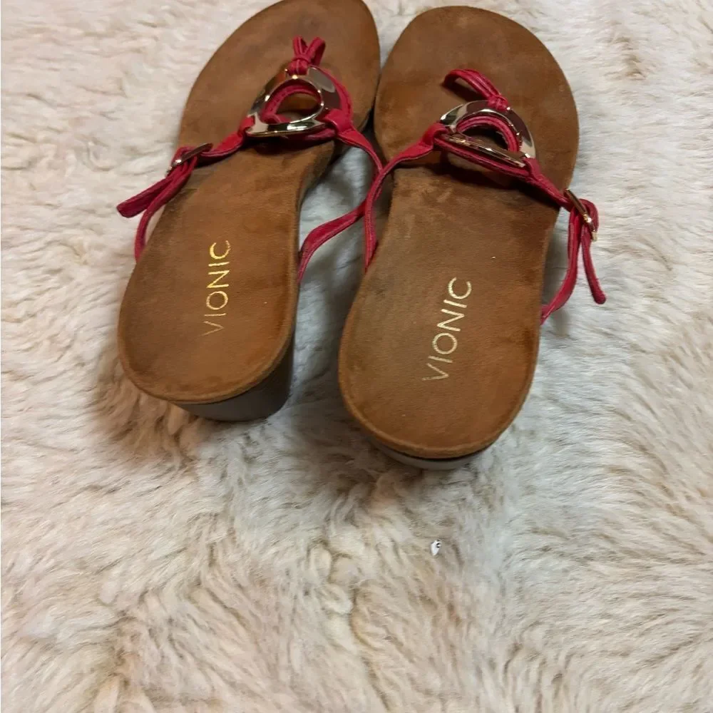 Vionic Red Tan Wedge Sandals with Metallic Accent - Picture 6 of 9